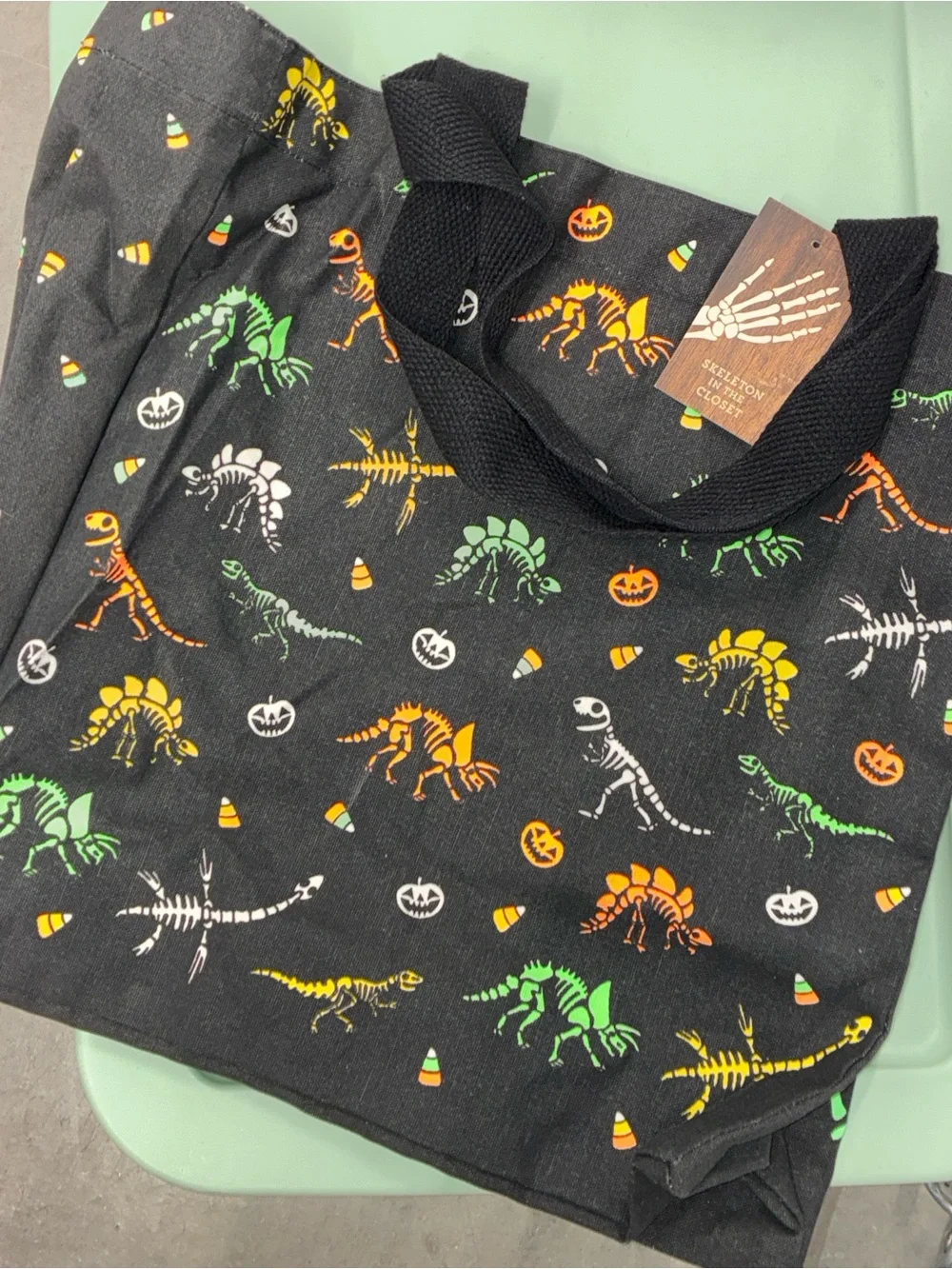 Halloween Dinosaur Skeleton neon canvas tote bag